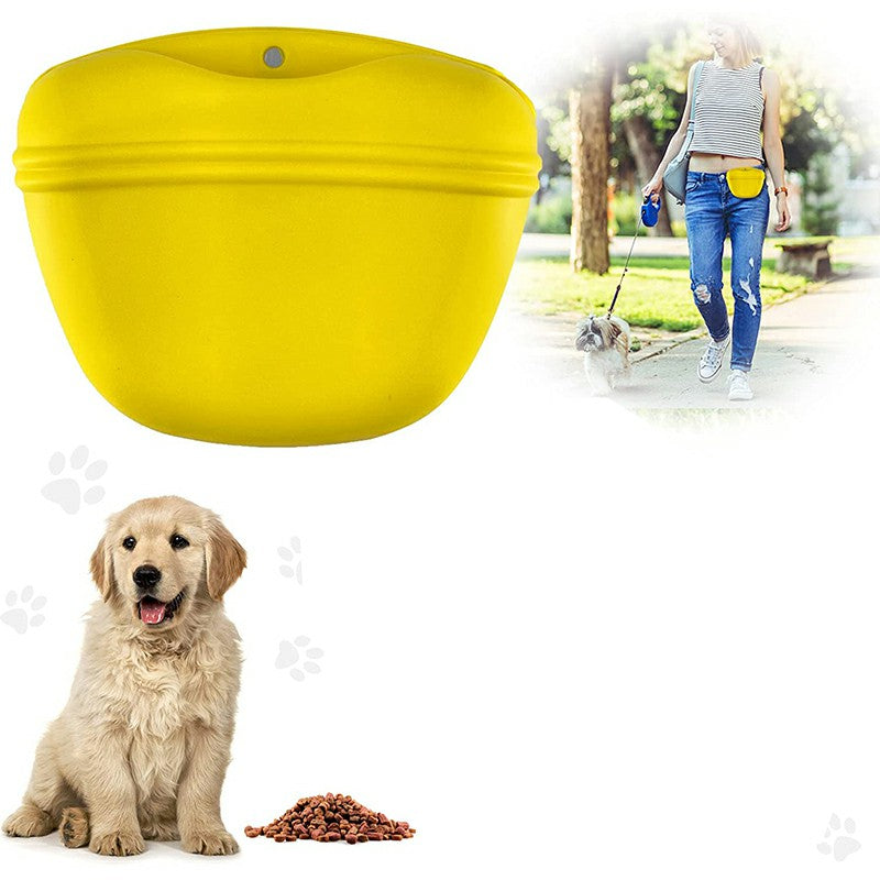 Yellow silicone dog treat pouch with magnetic opening