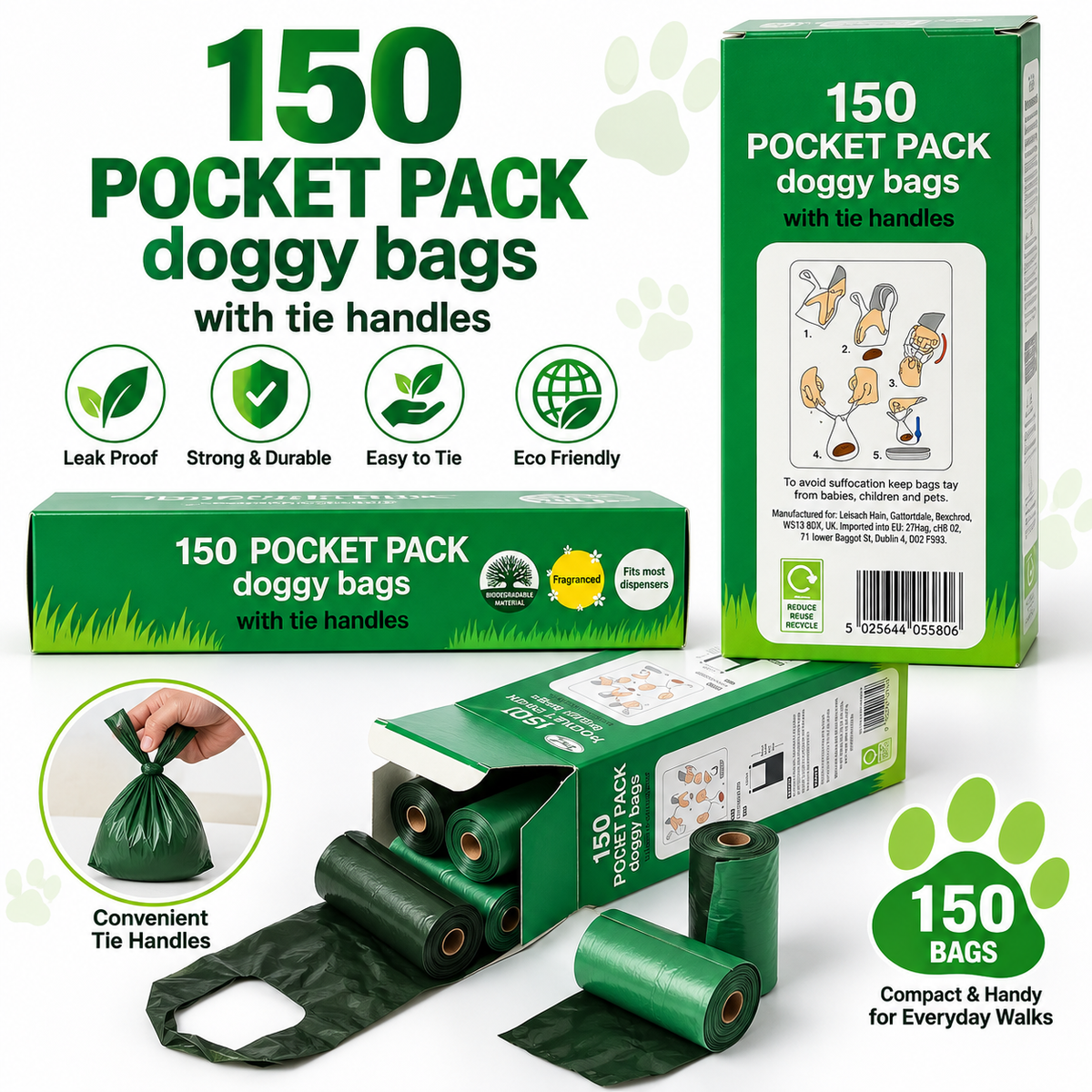 150 Dog Poop Bags with Tie Handles – Strong Pet Waste Bags