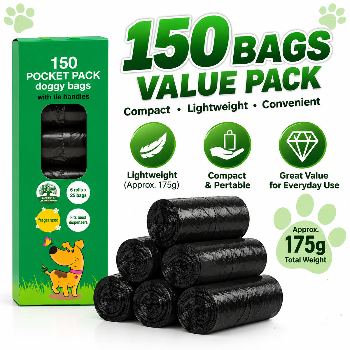 150 Dog Poop Bags with Tie Handles – Strong Pet Waste Bags