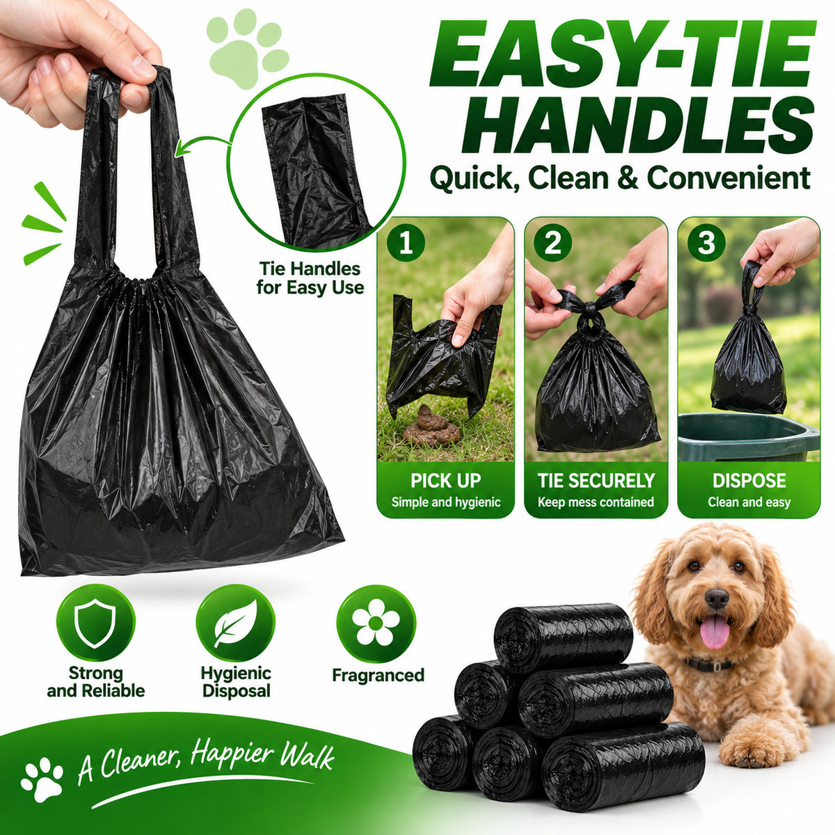 150 Dog Poop Bags with Tie Handles – Strong Pet Waste Bags