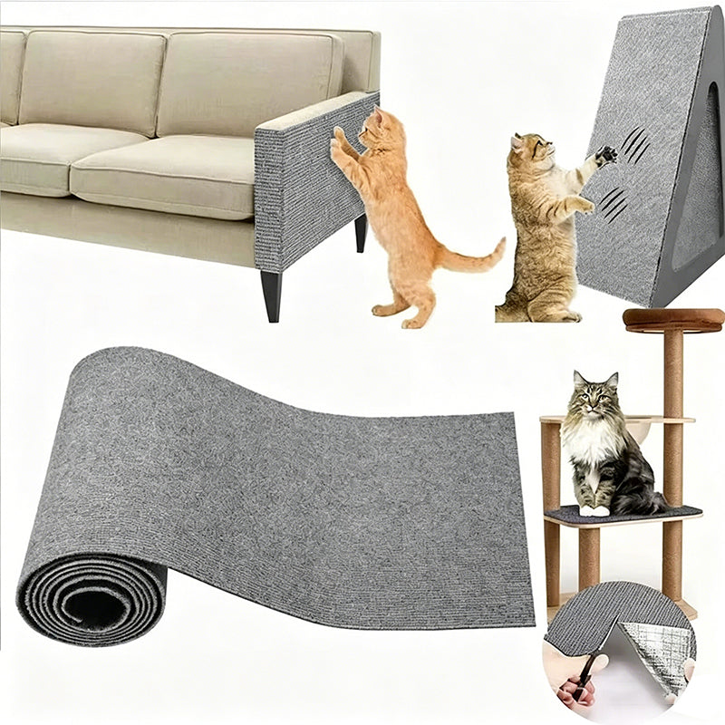 Grey self-adhesive cat scratching mat with examples of use on furniture and cat trees