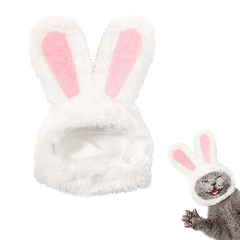 White plush bunny hat with pink ears for cats and small dogs