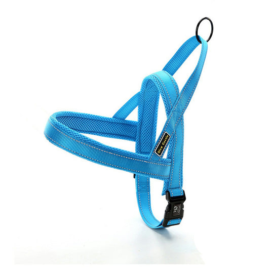 Blue dog car safety harness, front view
