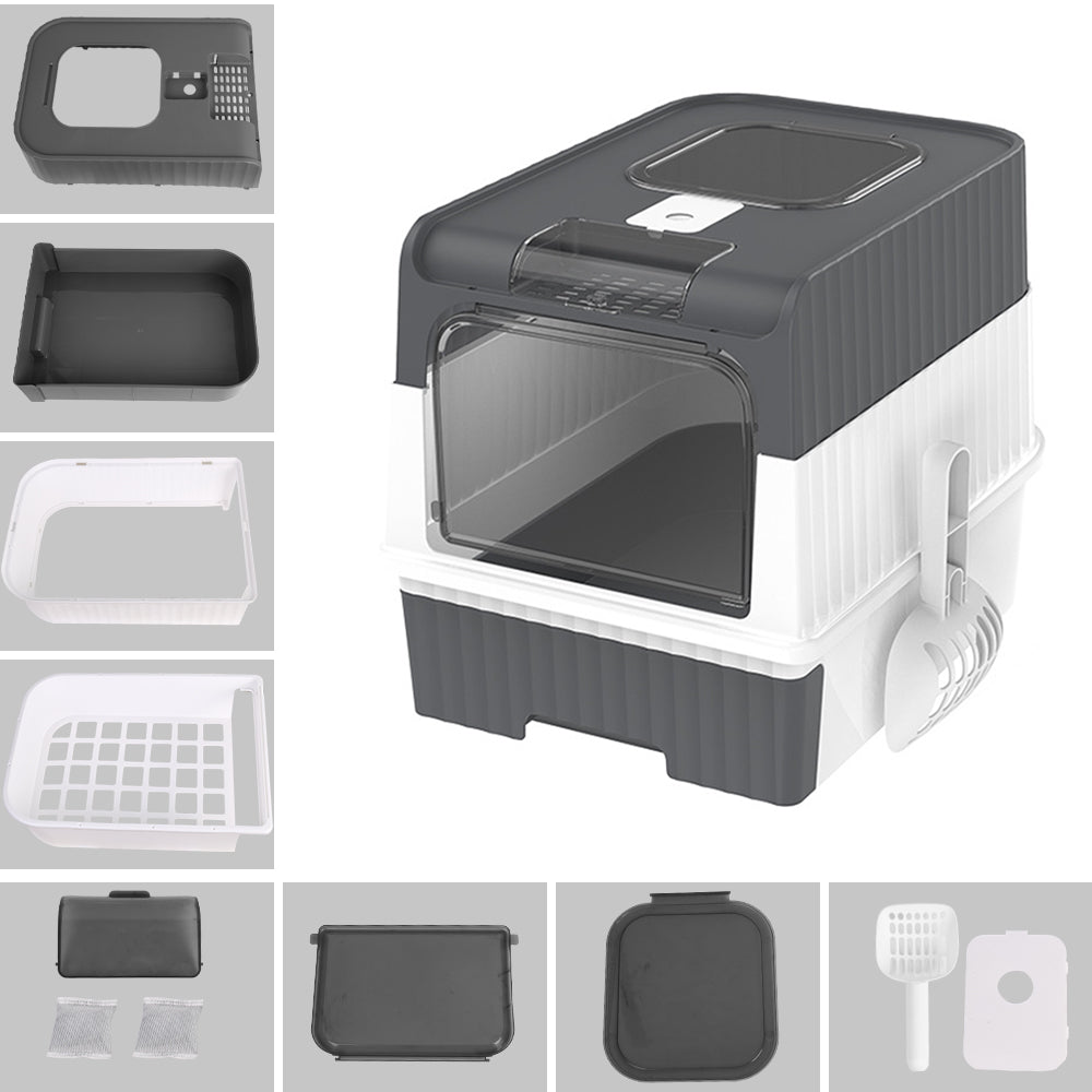 Grey enclosed cat litter box with removable drawer
