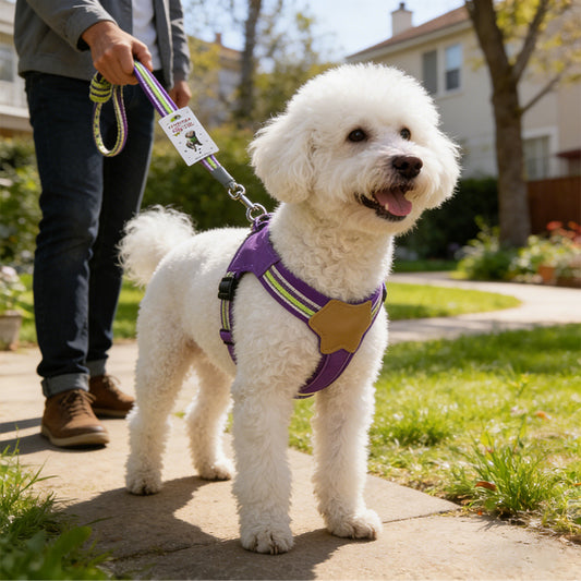 Dog wearing adjustable step-in harness with matching leash